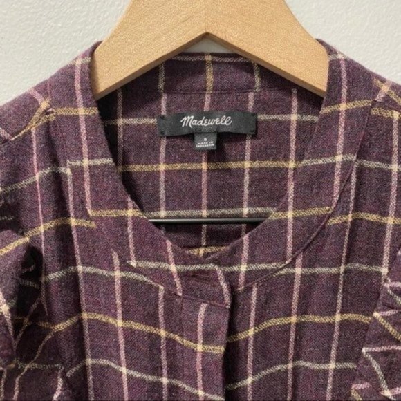 Madewell Purple Plaid Windowpane Ruffle-Front Blouse Classic Preppy - Picture 8 of 11